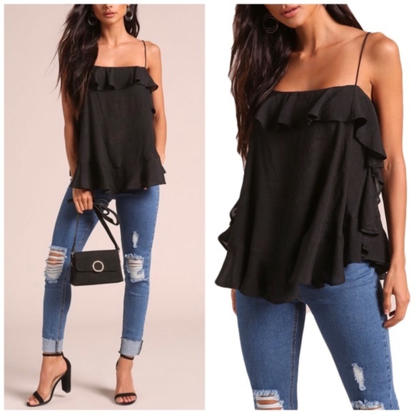 Tops - Black Flutter spaghetti strap top